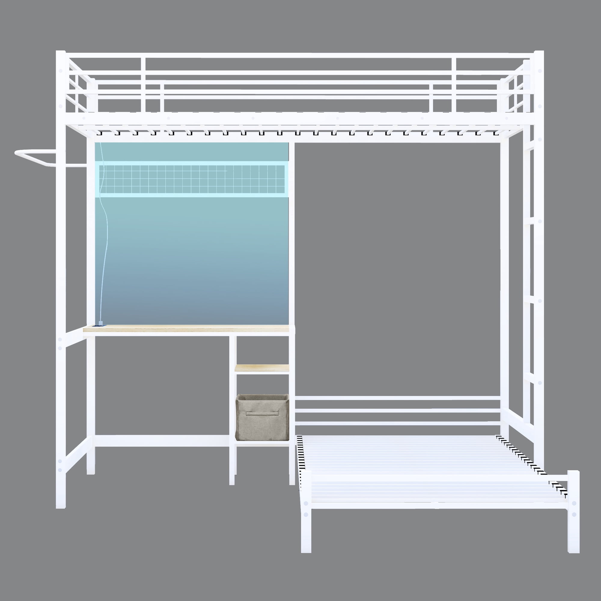 Aukfa Twin over Twin Bunk Bed with Desk, LED Light & Storage Shelves, L-Shaped Metal Bunk Bed for Teens & Kids, White