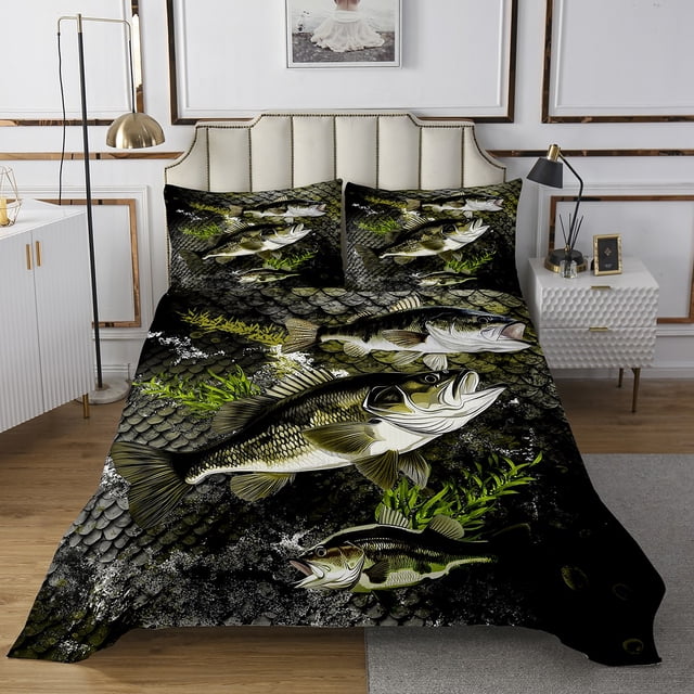 Erosebridal Big Pike Fish Coverlet Set Queen, Vintage Fish Scale Bedding Set, Rustic Farmhouse Decor 3 Pieces