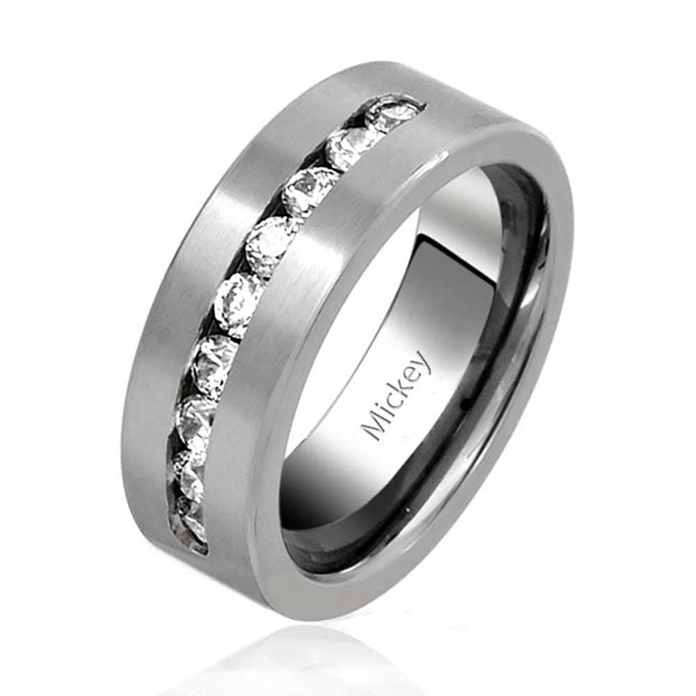 Wide Channel Set CZ Couples Wedding Band Ring 7MM Silver Tone Titanium