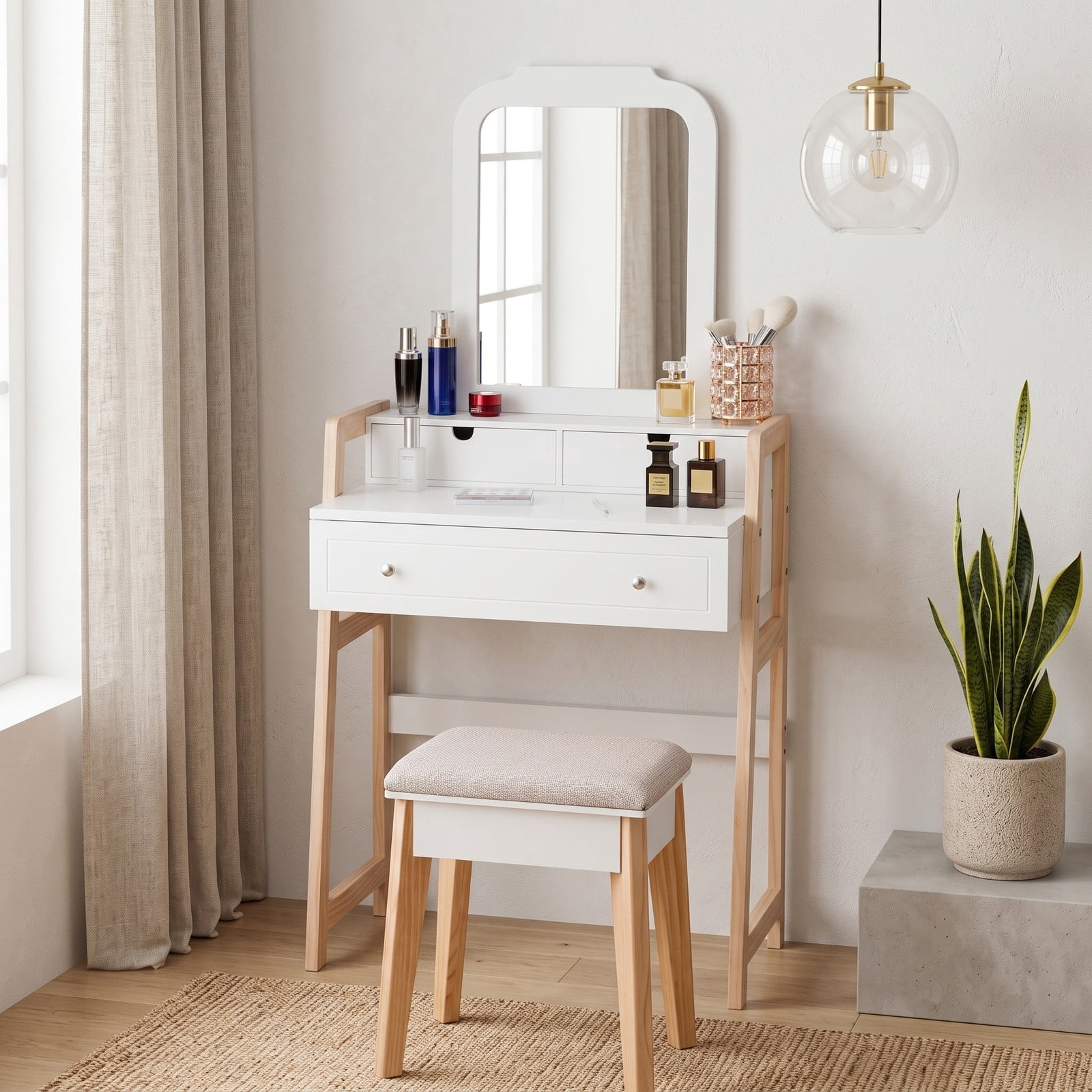 Furnibear Vanity Table Set with Large Mirror and Cushioned Stool, Makeup Dressing Table with 3 Drawers and 2-Tier Tabletop, White