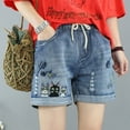 thumbnail image 2 of Women's High Waisted Stretchy Denim Bermuda Ripped Jeans Shorts Summer National Wind Embroidery Sloping Thin Loose Old Waist Denim Trendy Casual Shorts M-XL, 2 of 3