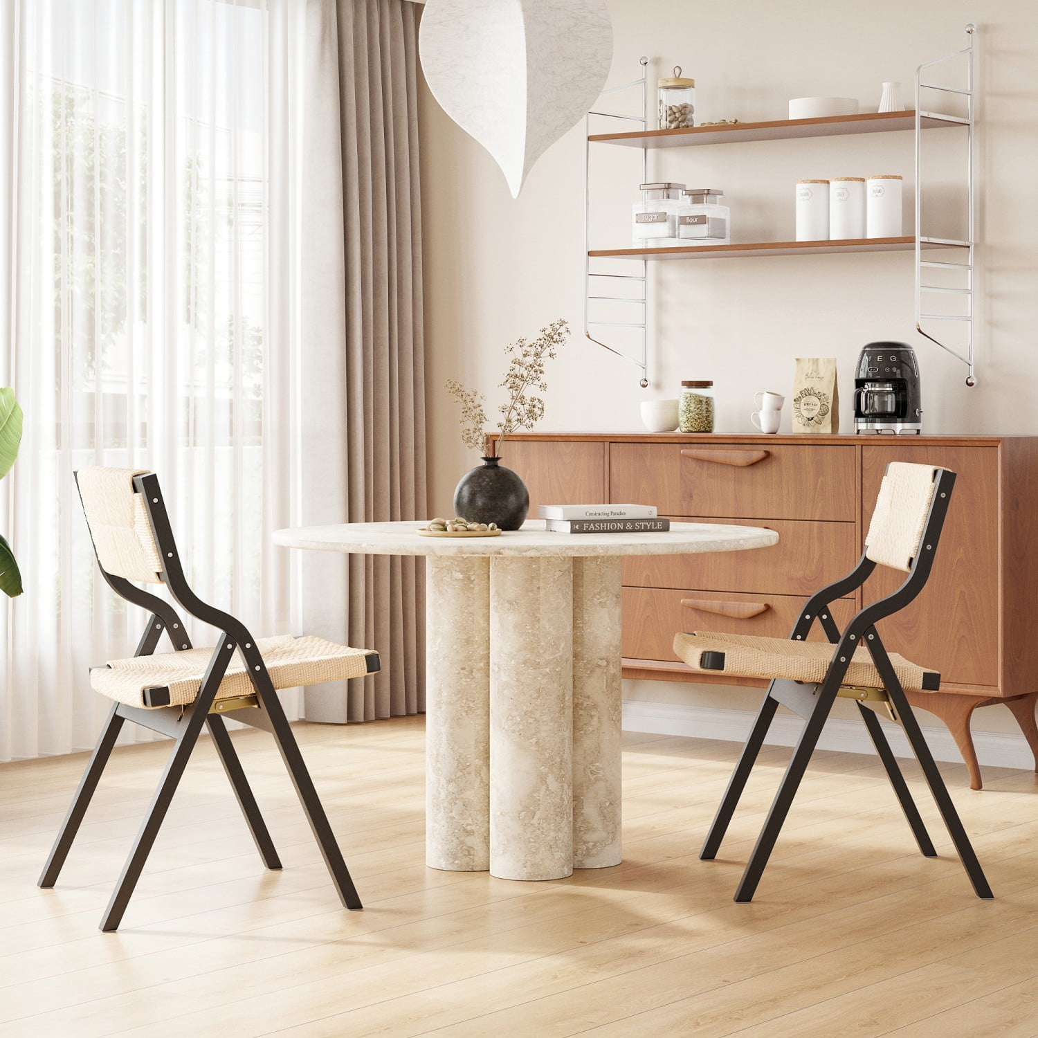 Folding Dining Chairs Set of 2, Wooden Foldable Chairs with Woven Seat & Webbing Back, Space-Saving Kitchen & Dining Room Chairs, Black & Natural