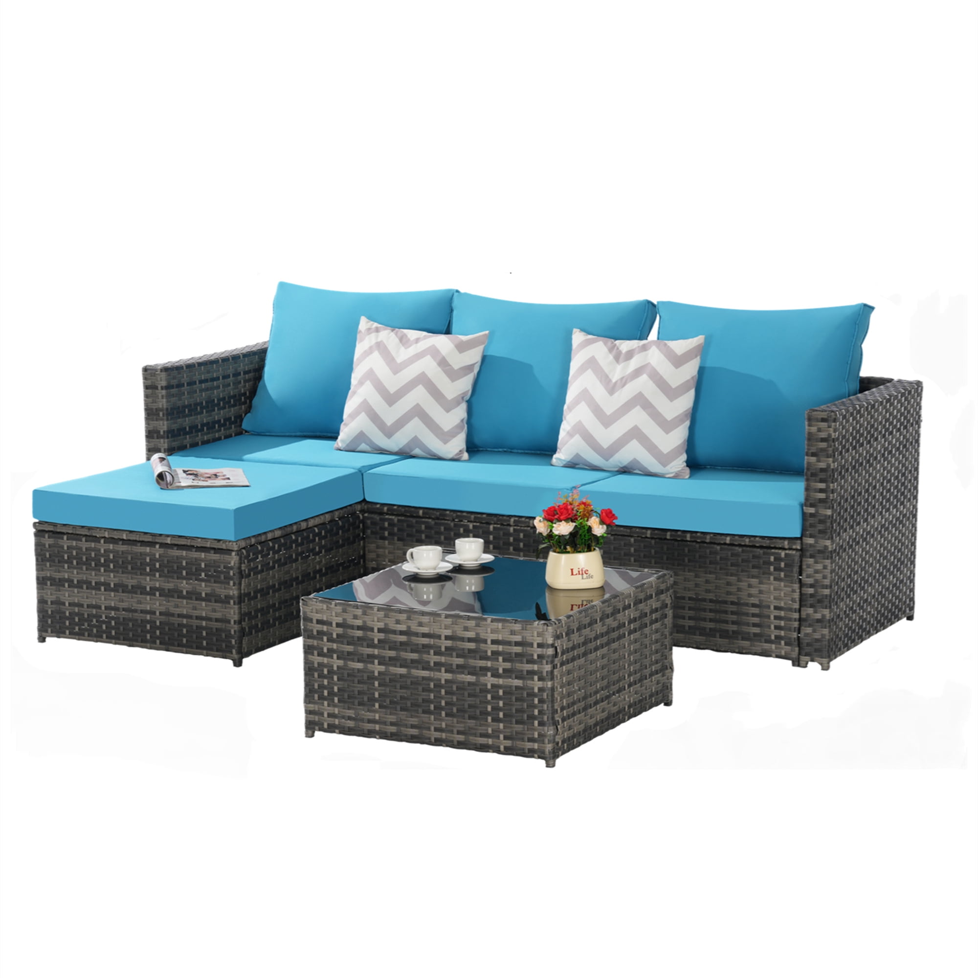 Aukfa Outdoor Patio Furniture Set - L shape Wicker Sectional Sofa with Coffee Table - Light Blue Cushions