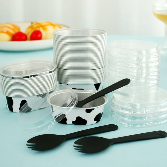 60Pcs Aluminum Foil Cake Container 68ml Heat-Resistant Foil Baking Cups with Clear Lids and Spoons Mini Oval Cake Pan Reusable Small Cheesecake Muffin Pan for Cake Cheese Dessert