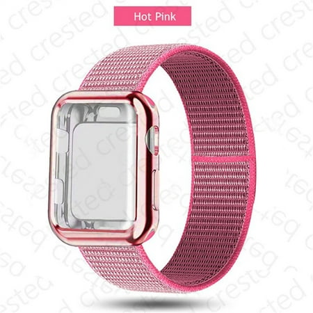 Case+Strap for Apple Watch Bands 40mm 44mm 38mm 42mm Nylon Loop Watchband Correa Smartwatch bracelet iWatch 3 4 5 6 SE Wristbands - Hot pink