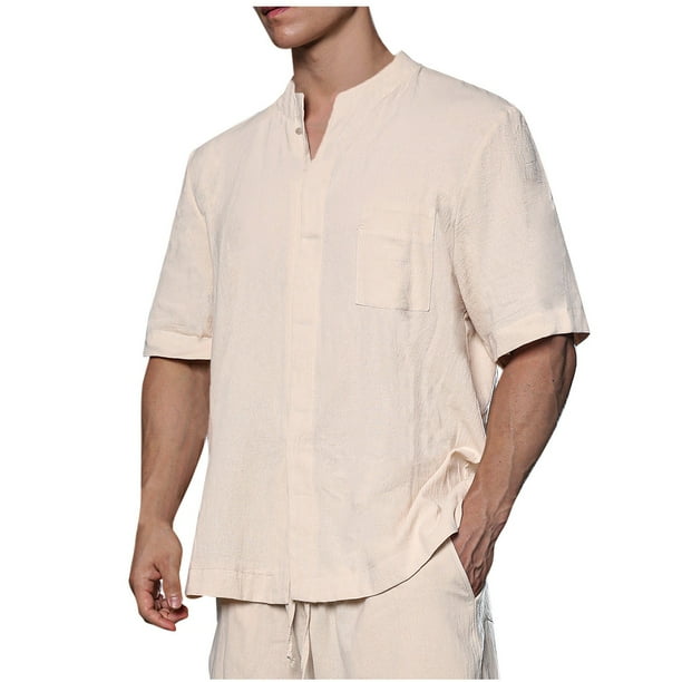 Camisetas Elvqul Hombre Casuales Algodón Lino de Color Sólido Manga Corta Cao Cuello Redondo Botones