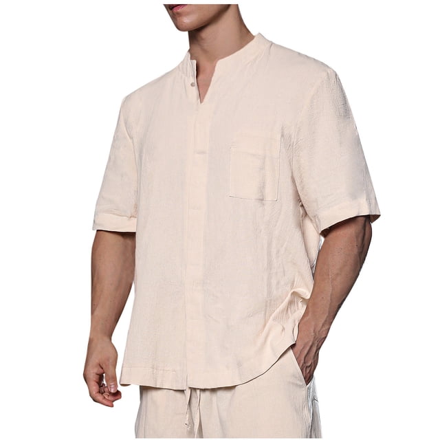 Birdeem Chemises pour Hommes Mode Décontractée Couleur Unie Bouton Manches Courtes Col Rond Blouses