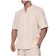 thumbnail image 1 of Camisetas Elvqul Hombre Casuales Algodón Lino de Color Sólido Manga Corta Cao Cuello Redondo Botones, 1 of 7