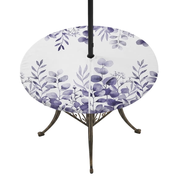 Outdoor Tablecloth with Umbrella Hole and Zipper Purple Eucalyptus Leaves Round Fitted Table Cover with Elastic Waterproof Farmhouse Leaf Patio Tablecloths for Picnic BBQS Garden Party Fit 45"-54"