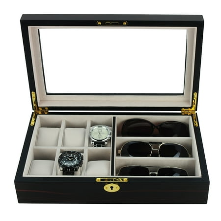 Ebony Wood Jewelry (6 Piece Watch Box and 3 Piece Glasses Storage Ebony Wood Jewelry and Eyeglass Display Case Organizer Collector)