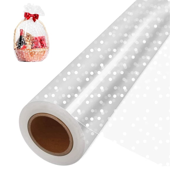 JinBeiXi 100ft x 31.5" Clear Cellophane Wrap Roll with White Dots, 3 Mil Thick Heavy Duty Gift Wrapping for Baskets, Bouquets, Crafts, Treats