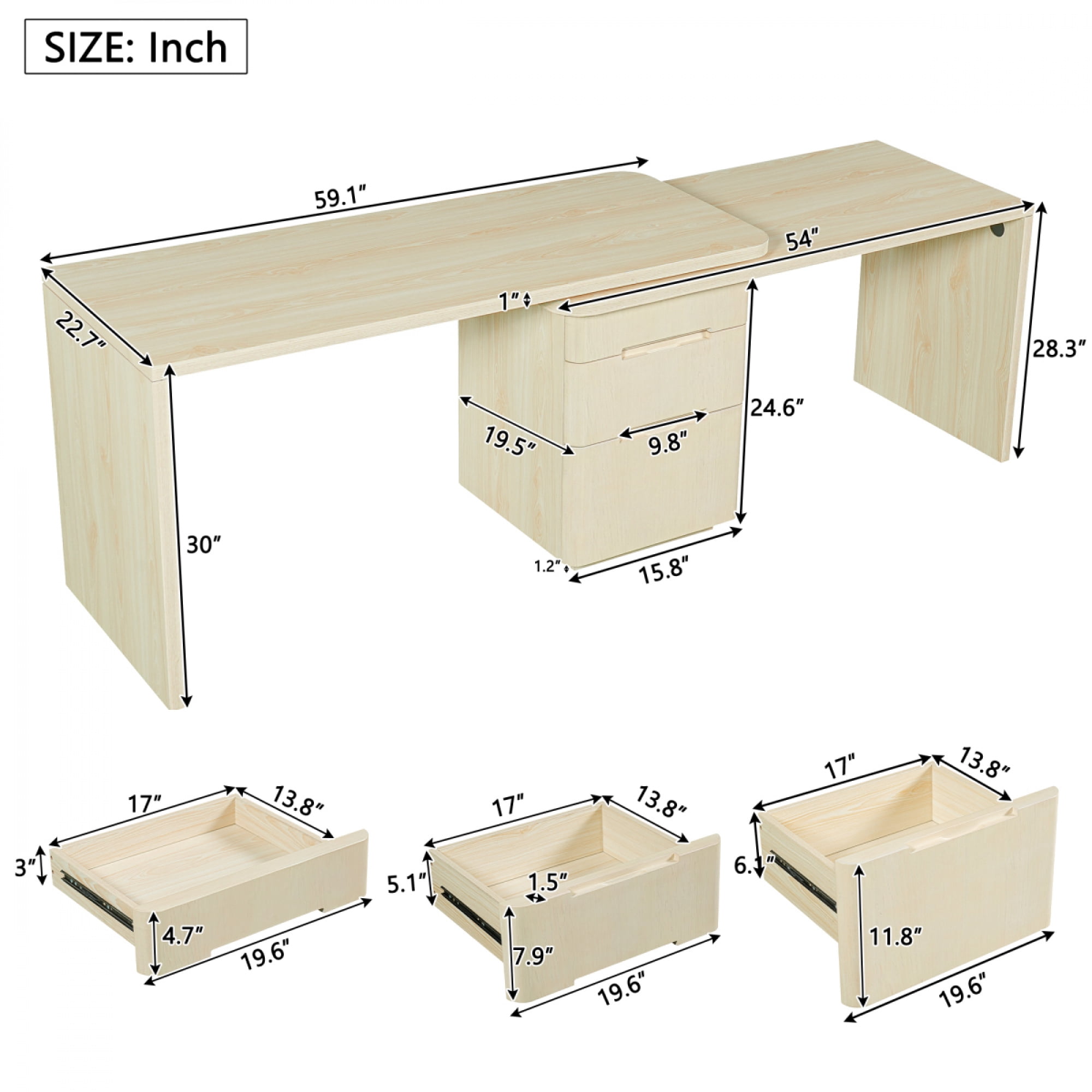 90" Modern L-Shaped Walnut Desk 360° Rotating Corner Executive Desk with 3 Drawers for Home Office,Natural Wood