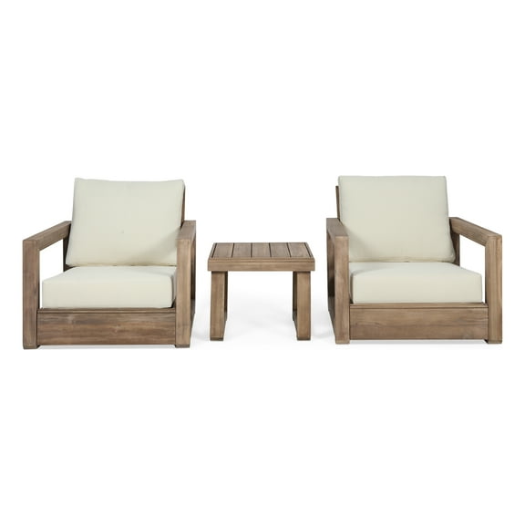 GDF Studio Andrae Outdoor 3 Piece Acacia Wood Chat Set, Brown and Beige