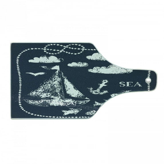 Navy Blue Cutting Board, Sea Themed Hand Print Grunge Elements Marine Underwater Yacht Cruise Pattern, Decorative Tempered Glass Cutting and Serving Board, Wine Bottle Shape, Navy White, by Ambesonne