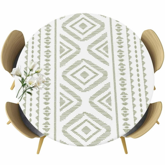 Boho Sage Green Geometric Fitted Tablecloth with Elastic Edged, Round Table Cloth for Dining Table, Vintage Southwestern Stripes Waterproof Oil Proof Table Cover for Indoor Outdoor 36"-44"