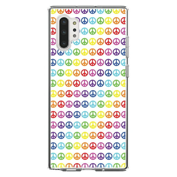 DistinctInk Clear Shockproof Hybrid Case for Galaxy Note 10 PLUS (6.8" Screen) - TPU Bumper, Acrylic Back, Tempered Glass Screen Protector - White Rainbow Peace Signs
