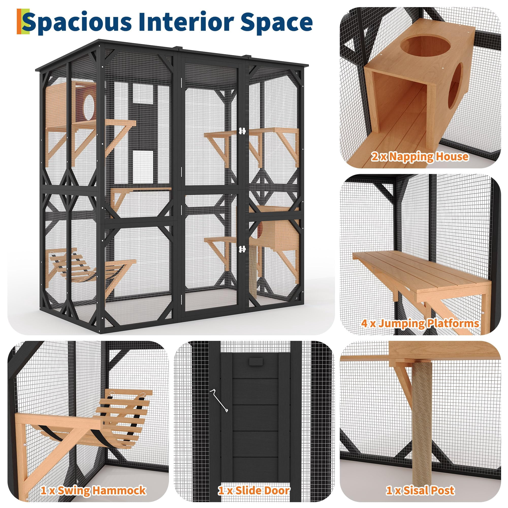70 inch Walk-in Catio with Window Access, Extra Large Outdoor Cat Enclosure for Multiple Cats, Waterproof Roof Cattery with Bridge and Scratching Post Outside Cat Patio Playpen（ship in 2 boxes）