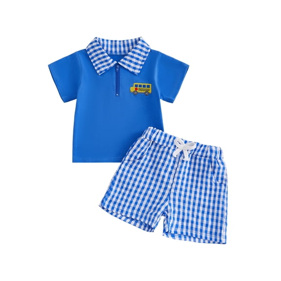 BemeyourBBs Toddler Baby Boy Back to School Outfit Kids Kindergarten Outfits Baby Boys Summer Clothes School Bus Embroidered Short Sleeve Zipper Lapel Shirt Tops and Plaid Pockets Shorts 2 Piece Set