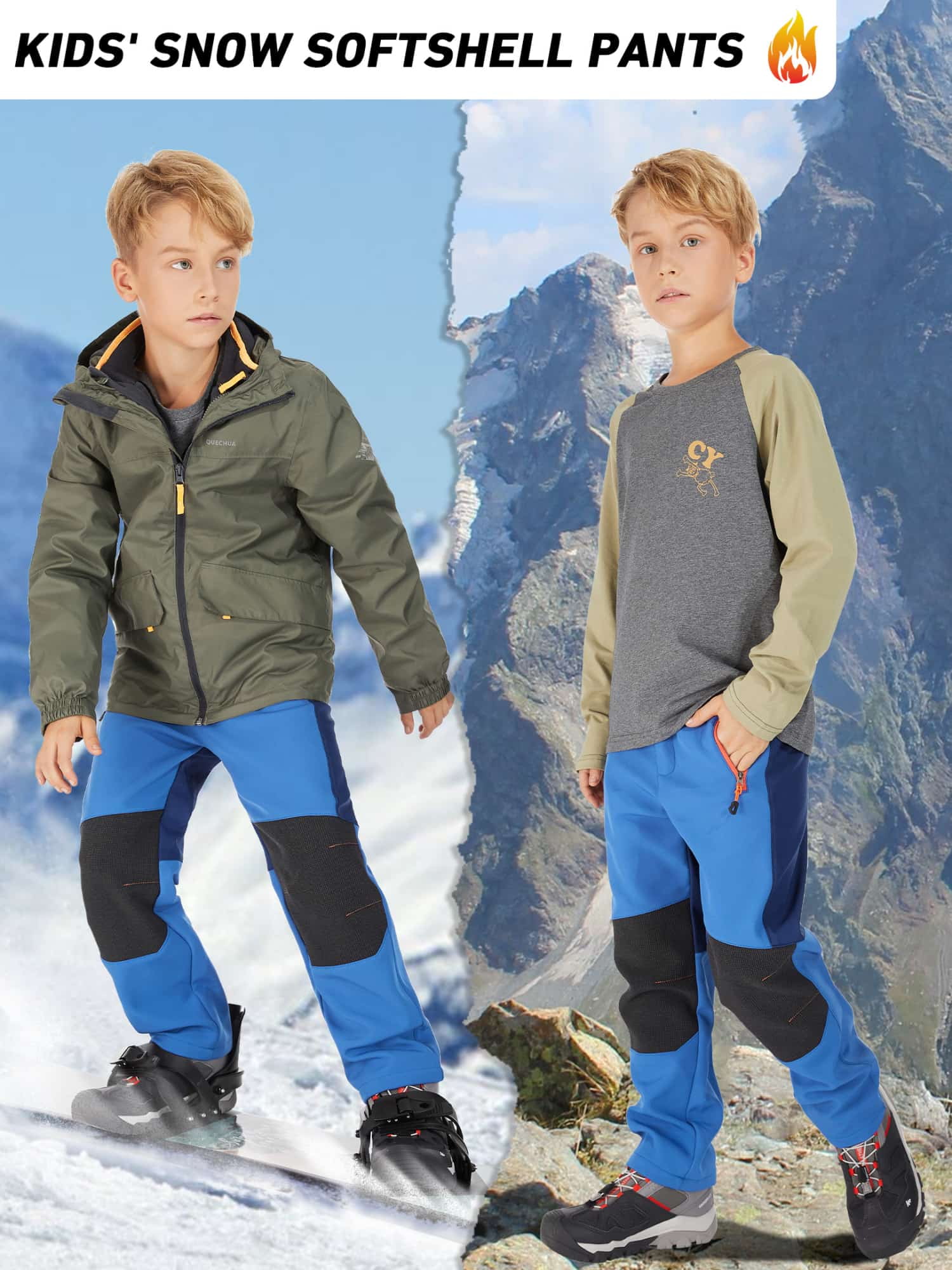 FEN AI Boy's Kids Youth Ski Snow Pants Windproof Waterproof Hiking Pant Expandable Waist Soft Shell Winter Warm Insulated Trousers Blue Size 8-9