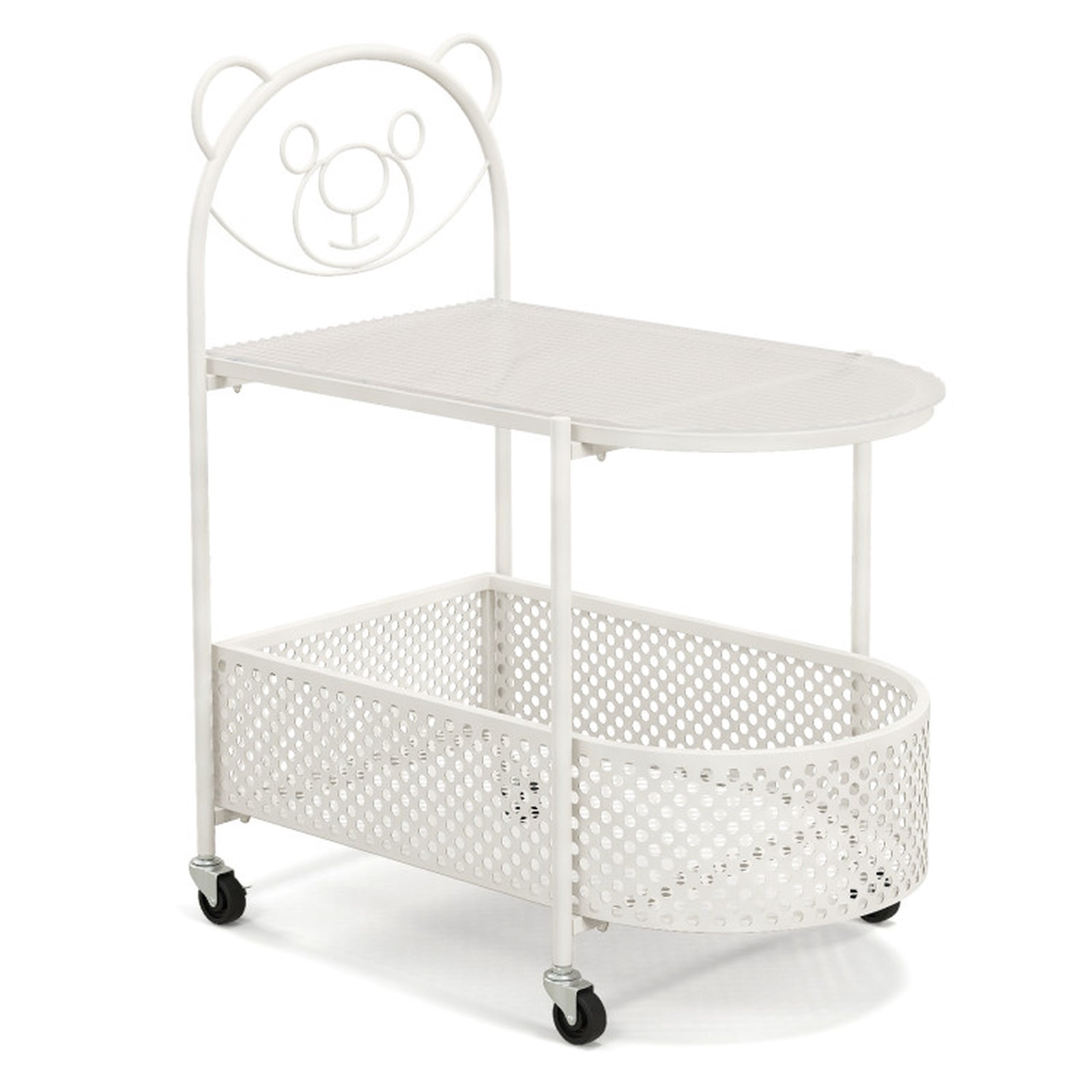 Furnibear 2 Tier Mobile Glass Coffee Table with Rolling Casters and Bear Pattern Storage Basket for the Small Living Room, White