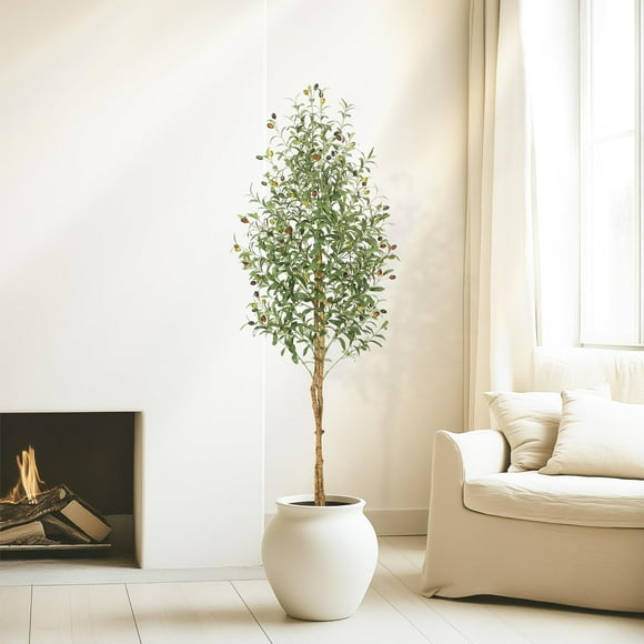 QinaQin Artificial Olive Tree, Simulated Olive Tree, with Two Natural Wood Trunks and Realistic Fruit, Comes with a White flo-werpot, Large Olive Tree, Suitable for Indoor Home Decoration