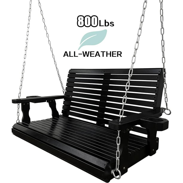 Wooden Porch Swing 2Seater, Bench Swing with Cupholders for Outdoor