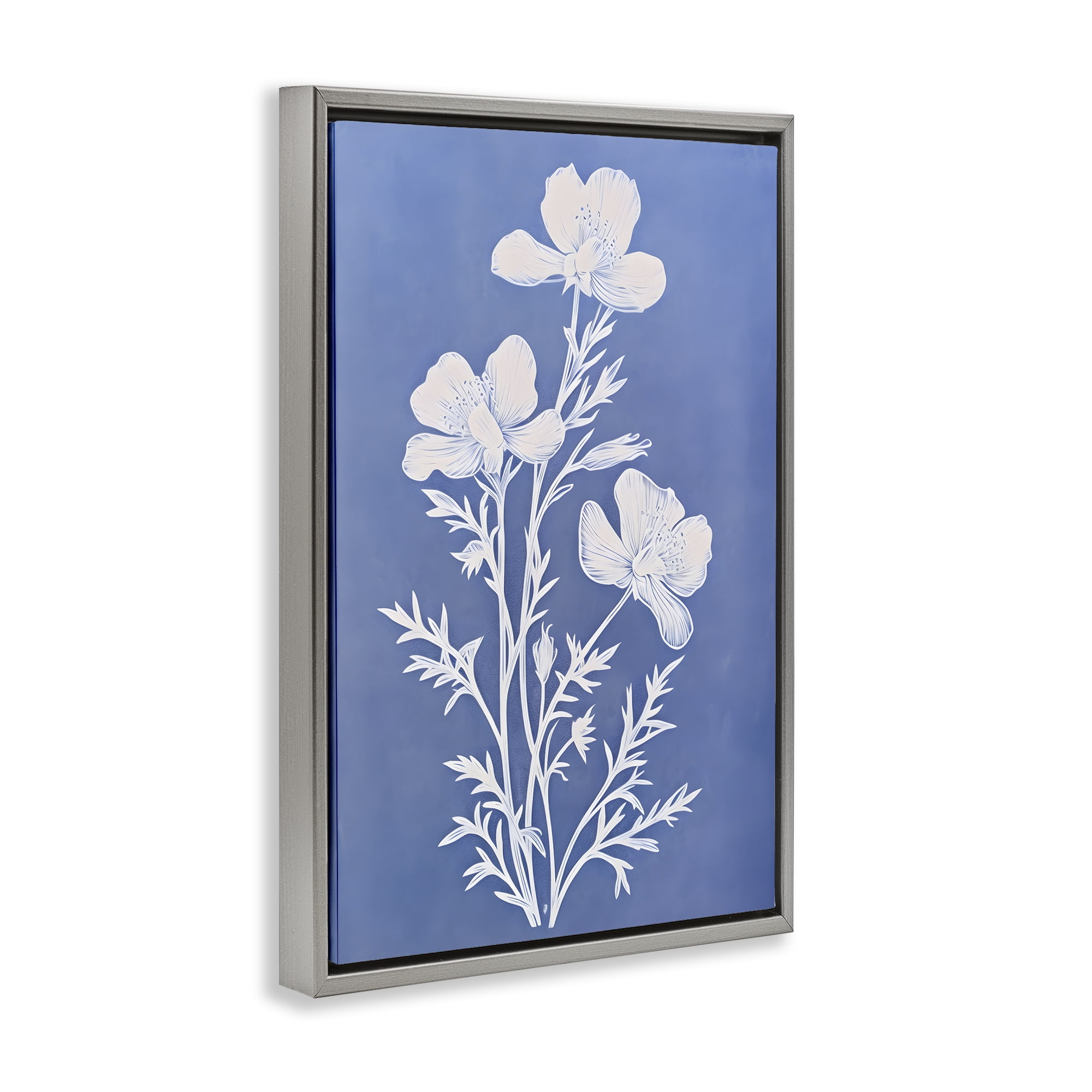 Stupell Industries Cerulean Blue Blooms Botanical & Floral Painting Gray Floater Framed Art Print Wall Art, 17 x 25