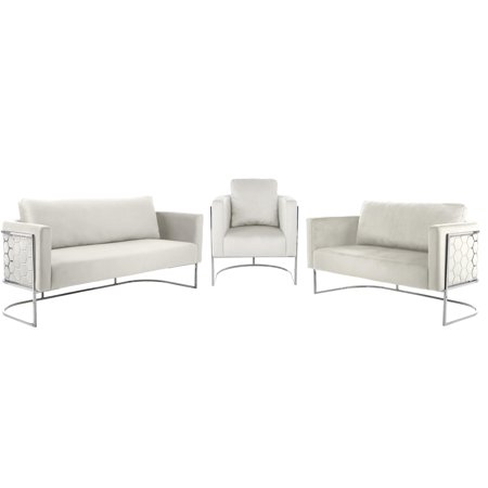 Glam Chrome & Cream Velvet Sofa Set 3Pcs CASA Meridian Contemporary