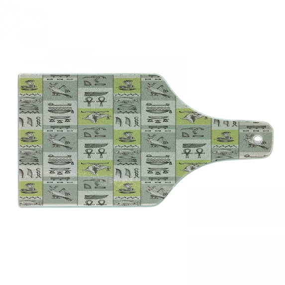 Egyptian Print Cutting Board, Historical Papyrus Manuscripts Inspired Hieroglyphs Animals, Decorative Tempered Glass Cutting and Serving Board, Wine Bottle Shape, Reseda Green, by Ambesonne