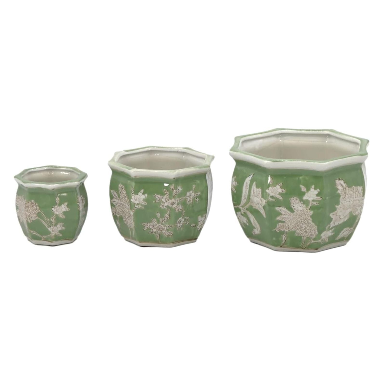 Green & White Floral Porcelain Ceramic Decorative Flower Pot 8"/6"/4.5" Garden Pots Chinese Asian Design - Set of 3 Green Fluted