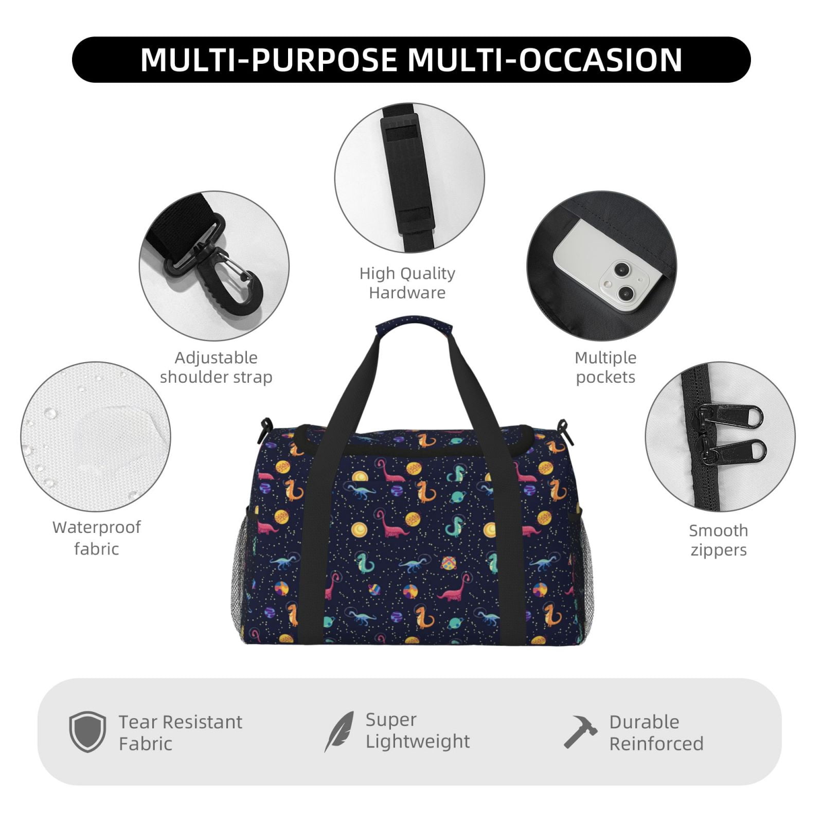 Fuzoiu Space Dinosaur Print Travel Duffle Bag,Carry On Tote Bags,Duffel Bag,Sport Gym Bag, Hospital Bag for Labor and Delivery, Overnight Bag,Luggage Bag