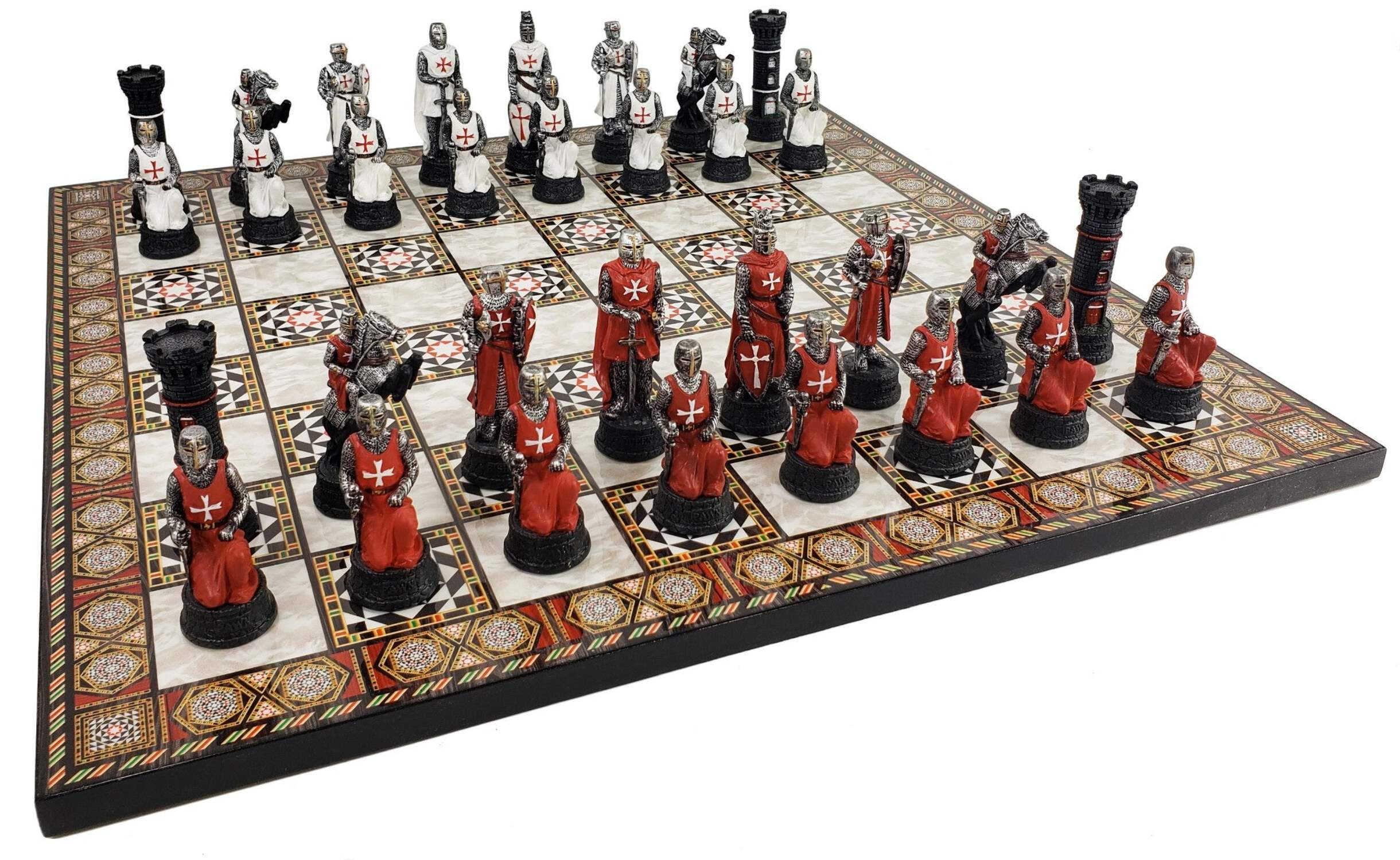 Medieval Times Crusades Red White Maltese Knight Chess Set 17" Mosaic Color BD