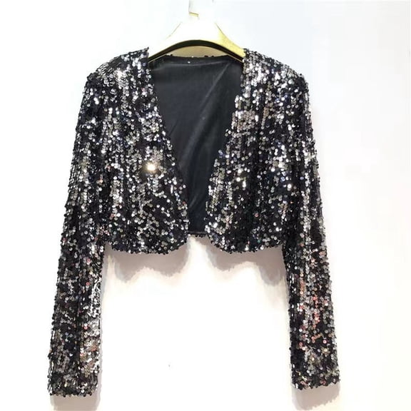 ZHOGXU Women'S Casual Jackets Long Sleeve V Neck Sparkly Sequins Open Front Stylish Comfortable Coat Top For Daily Wear Black L