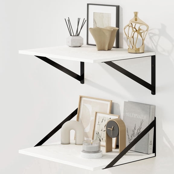 Set of 2 White Floating Shelves, 16x12 Inch Large Wall Shelf with Sturdy Metal Brackets for Living Room, Bedroom, Bathroom & Kitchen