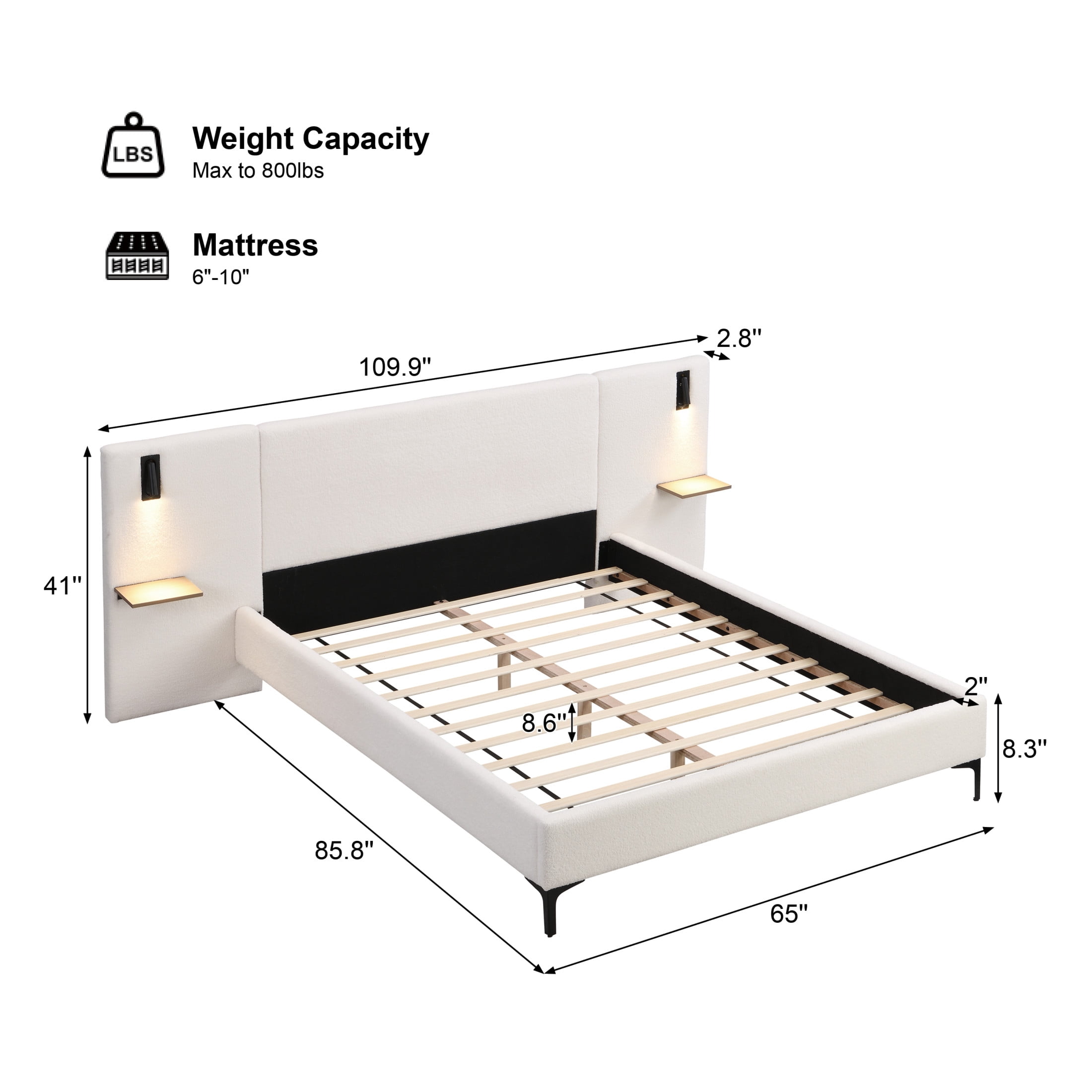 Christopher Knight Home Boucle Upholstered Queen Platform Bed with Reading Lights and Headboard Shelves, White