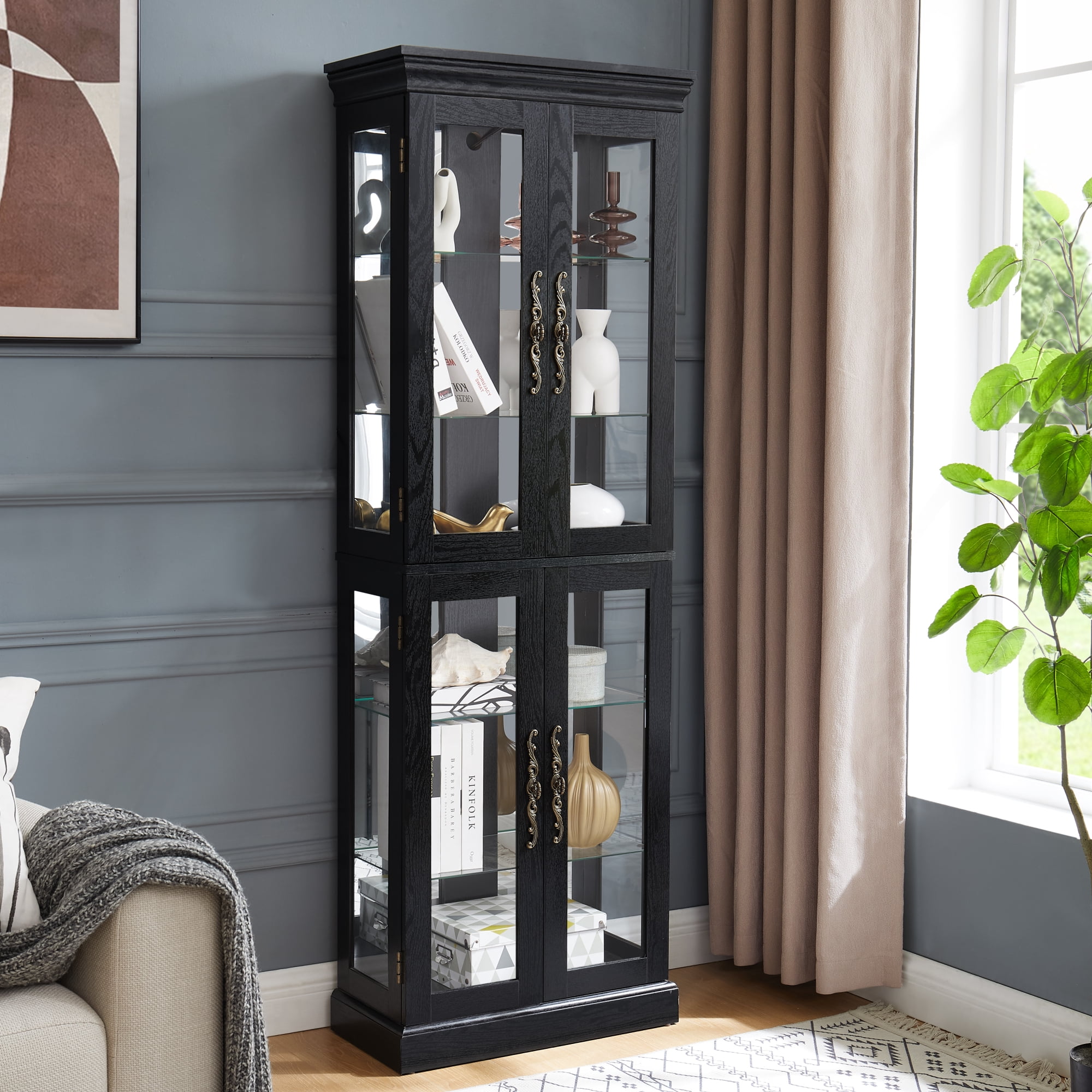 Leumius Lighted Glass Curio Display Cabinet, Wood Frame 4 Glass Doors Storage Cabinet with Included Bulb, Glass Wine Cabinet Collectibles Toy Display Case for Living Room, Kitchen, Pantry,Black