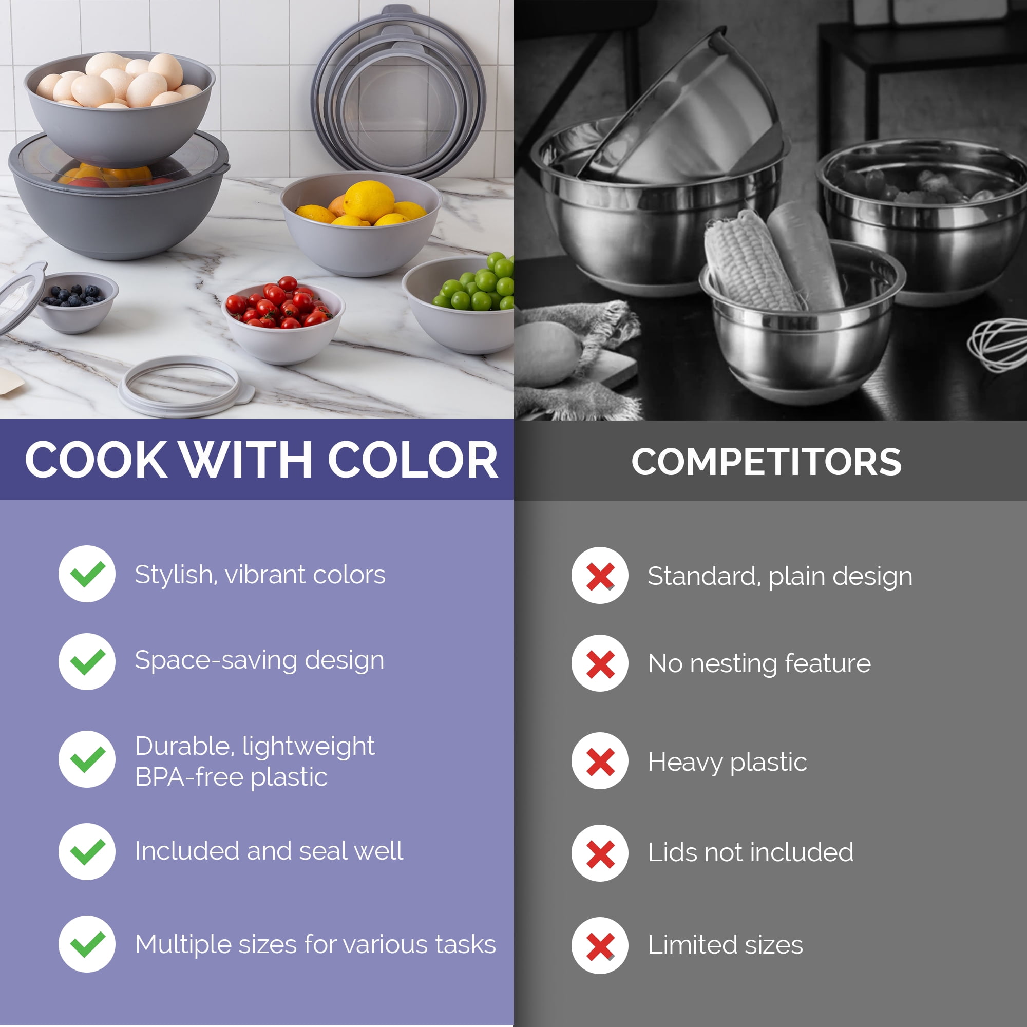 Cook with Color 12-Piece Mixing Bowl Set with Non-Slip Silicone Base and Transparent Lids, Gray