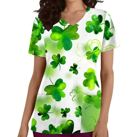 

SOOMLON Irish Clover St. Patrick s Day Scrubs Irish Shamrock Casual Scrub Tops Women Print Nurse Shirts Short Sleeve Green Coffee Shirt Funny Tops Fashion Tops White L