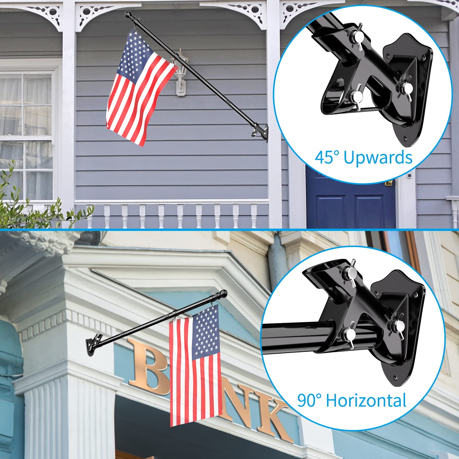 FIASON 2 Pack 6 FT Black Stainless Steel Tangle Free Wall-Mounted Flag Pole with Upgraded Bracket, Flag Pole Kit for Outside House, Residential or Commercial for American Flag (Without Flag)