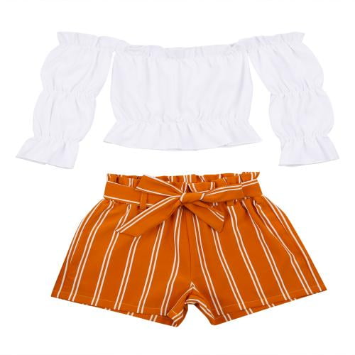 Honganda Girl's Two-piece Suit, Long Sleeve Off Shoulder Tops and Stripe  Shorts