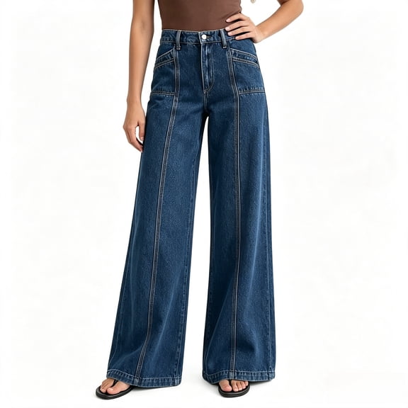 JOLIP Women's High Waist Seamed Wide Leg Denim Jeans, Dark Wash Panel Front Baggy Denim Pants