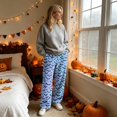 thumbnail image 4 of Womens Halloween Pajama Pants Soft Flannel Funny Bat Print Pj Bottoms | Halloween Costumes Women, Drawstring Waist, Straight Wide Leg, Cute Ghost Print, Loose Fit, Lounge, for Sleep Sky Blue,L, 4 of 6