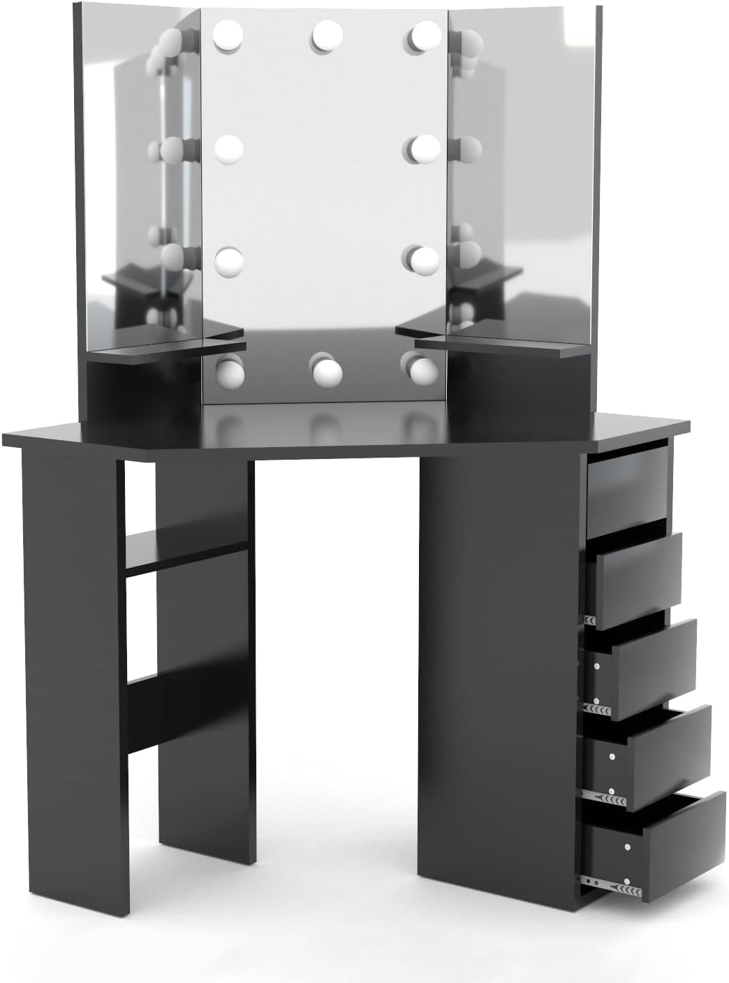 SEJOV Corner Vanity Desk with Tri-Flod Mirror, Lighted Makeup Vanity 