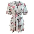 thumbnail image 4 of Women‘s Floral Print Mini Dress Pleated V Neck Drawstring Elastic Waist Ruffle Layered Mini Dress, 4 of 5