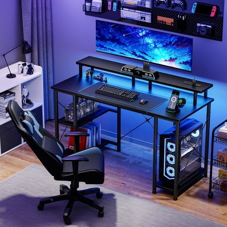 Gianna 48-Inch Gaming Desk with LED Lights, Power Outlets, Monitor Stand, App-Controlled Features and Headphone Hook