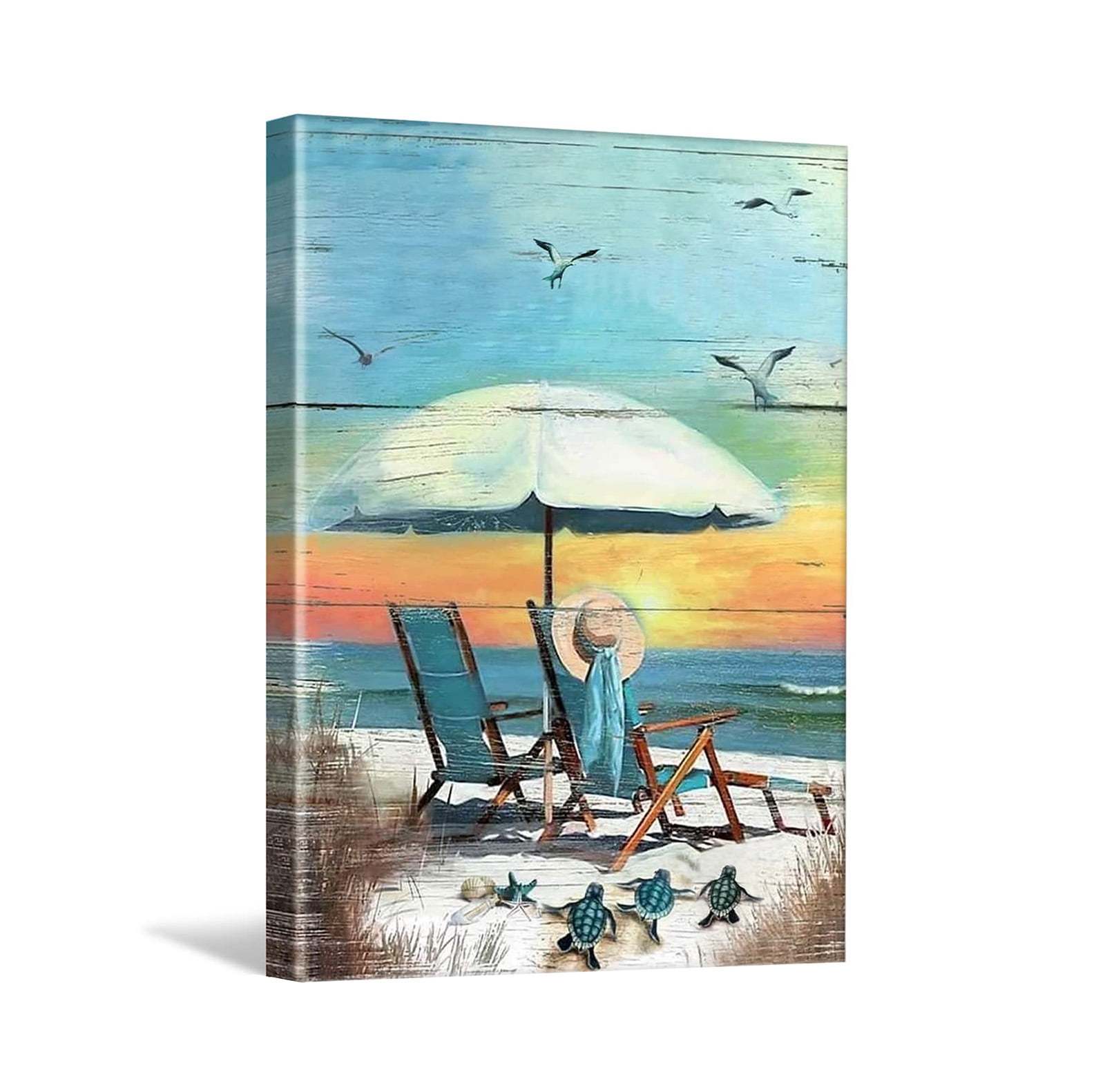 Beach Green Turtle Seagull Sea Picture Canvas Print Sunset Picture