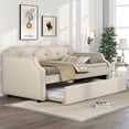 thumbnail image 3 of Tcbosik Twin Size Upholstered Daybed with Trundle, Modern Linen Fabric Sofa Bed w/Tufted Button Design, Bed Frame for Living Room Guest Room Bedroom, Wood Slats Support, No Box Spring Needed, Beige, 3 of 8