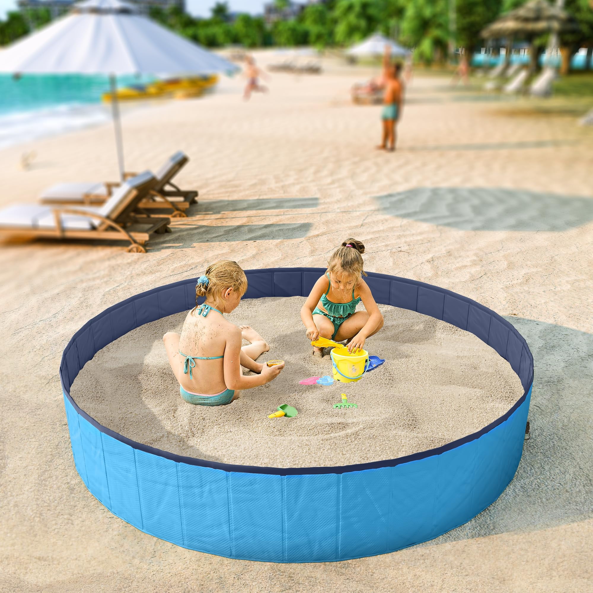Baxluxe Foldable Portable Kid Pool for Kids and Pets, Outdoor Kiddie Pool with Hard Plastic, Portable Non-Slip Dog Bath Tub, Collapsible Dog Swimming Pool for Kids (Blueness, 63" x 12")