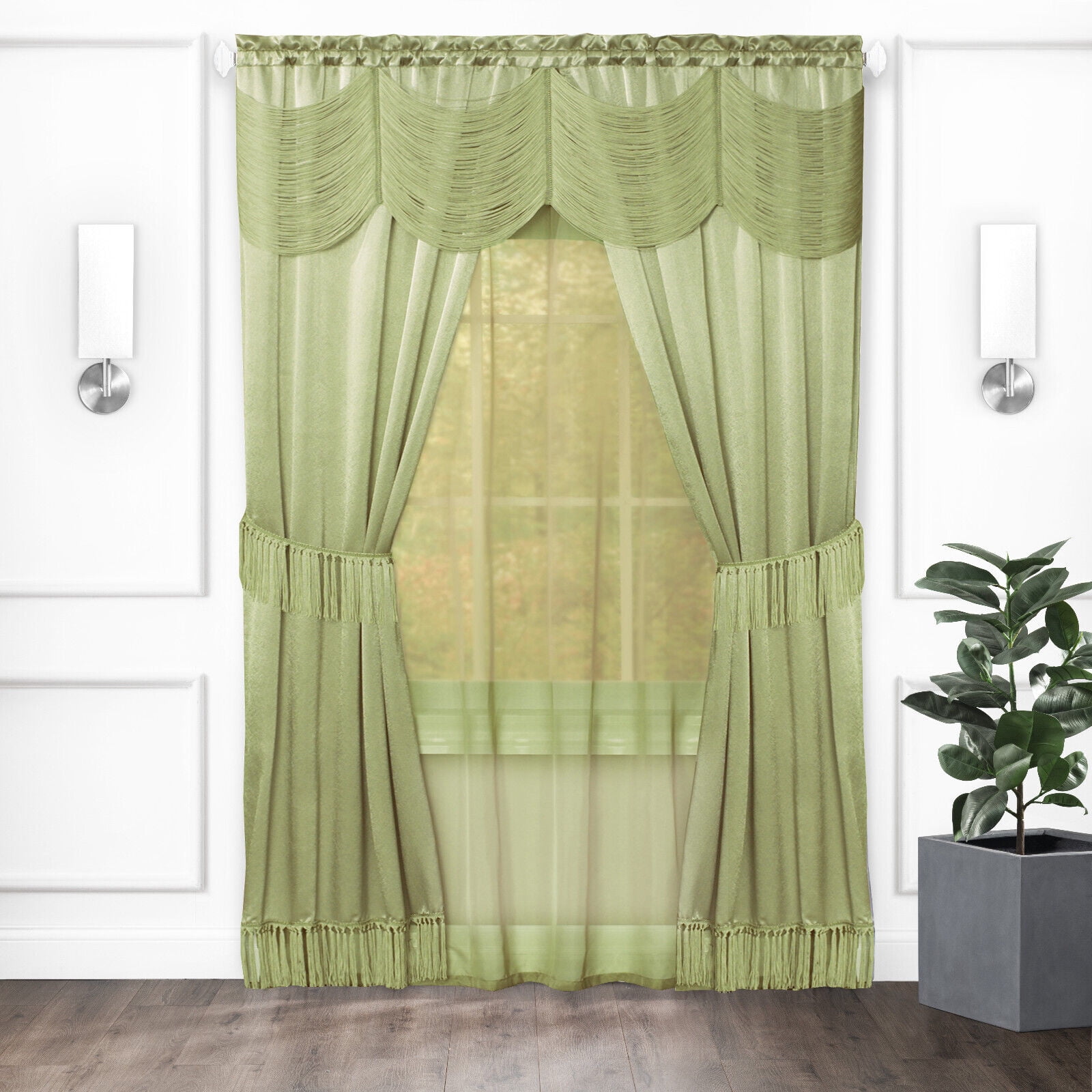 Kate Aurora Satin Chic Complete Attached Window Curtain, Tiebacks & Valance Set - Sage Green, 63 in. Long