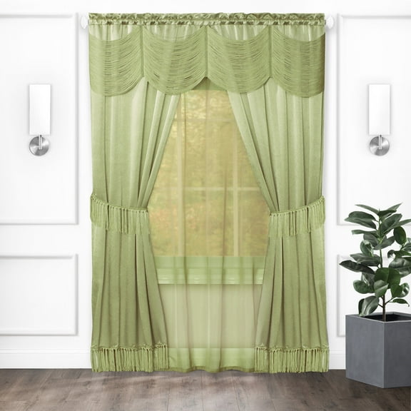 Kate Aurora Satin Chic Complete Attached Window Curtain, Tiebacks & Valance Set - Sage Green, 63 in. Long